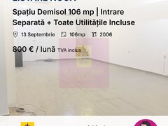 Spatiu Demisol 106 mp | Intrare Separata + Toate Utilitatile Incluse